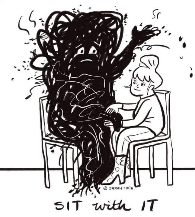 Egy rajzon együtt ül egy nő a saját nehéz érzelmeivel.